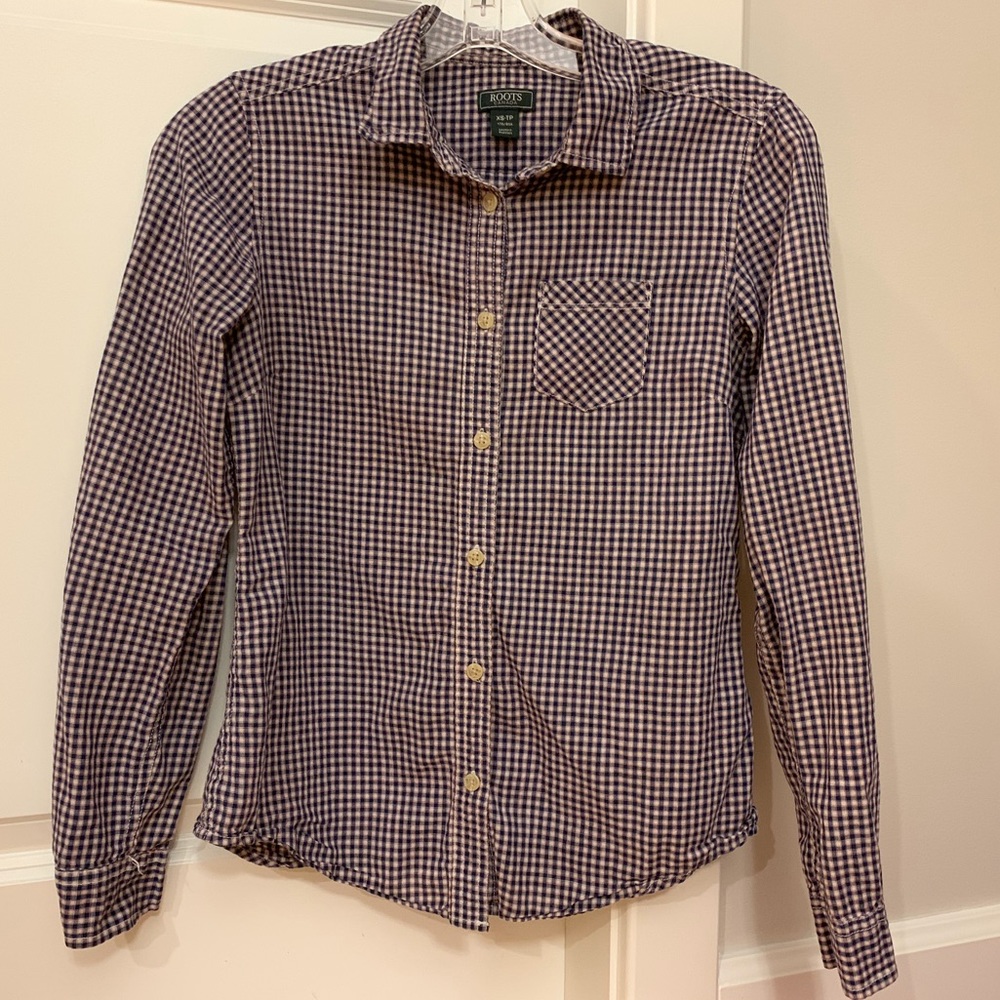 Roots Vintage Navy Gingham Plaid Check Button Down